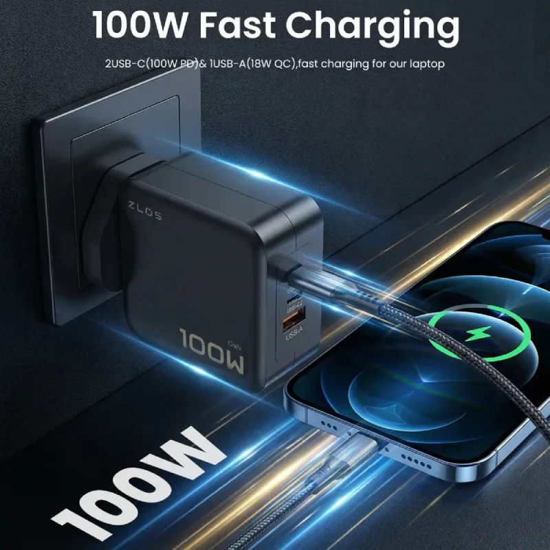 شاحن سريع ZLOS متعدد المنافذ بتقنية GaN - ‏100 واط / USB-C / USB-A / أسود