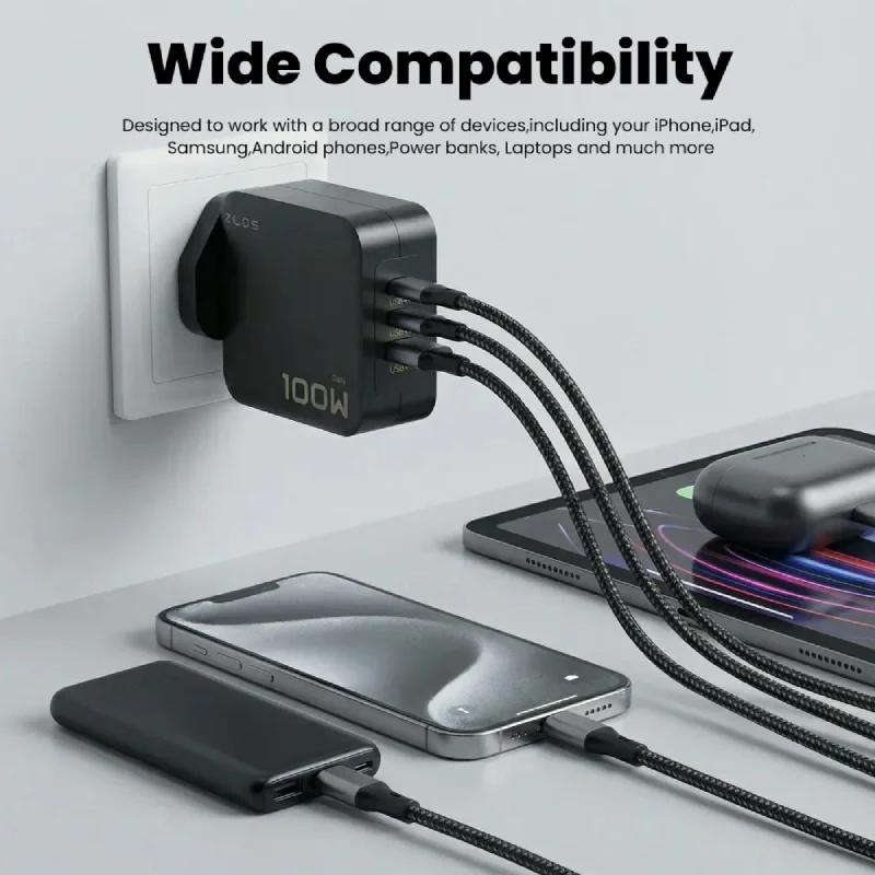 شاحن سريع ZLOS متعدد المنافذ بتقنية GaN - ‏100 واط / USB-C / USB-A / أسود