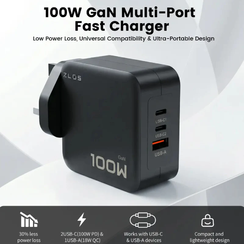 شاحن سريع ZLOS متعدد المنافذ بتقنية GaN - ‏100 واط / USB-C / USB-A / أسود