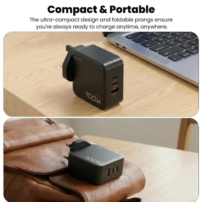 شاحن سريع ZLOS متعدد المنافذ بتقنية GaN - ‏100 واط / USB-C / USB-A / أسود