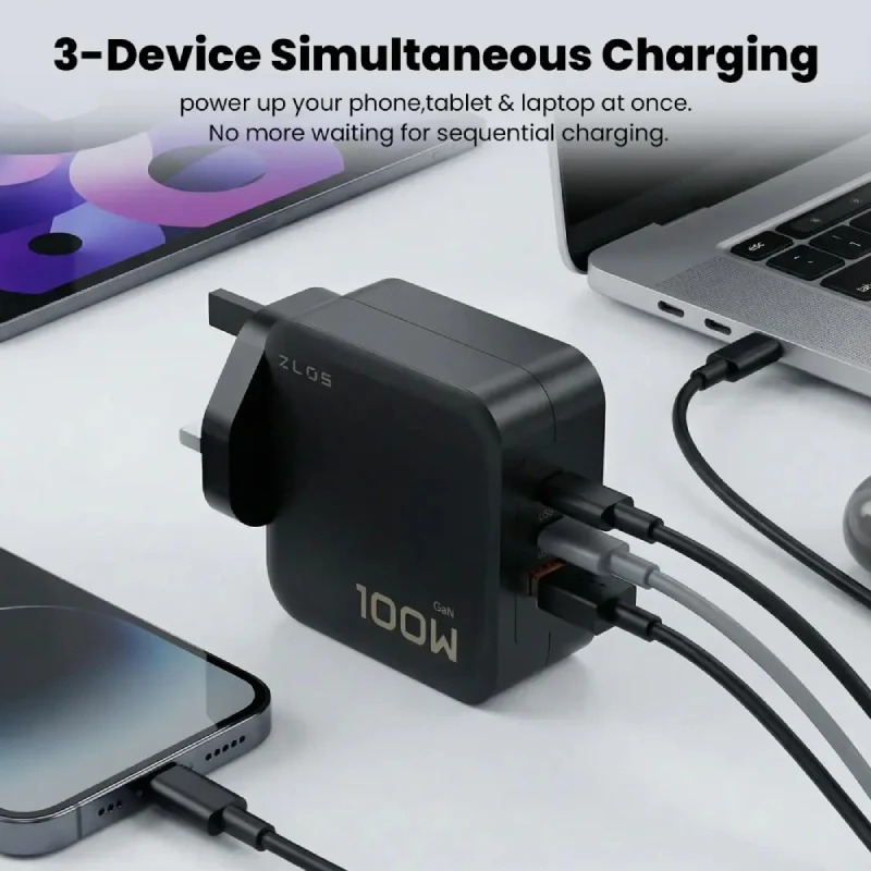 شاحن سريع ZLOS متعدد المنافذ بتقنية GaN - ‏100 واط / USB-C / USB-A / أسود