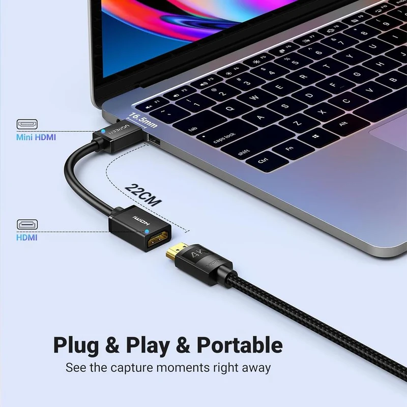 محول كابل يوجرين ميني HDMI ذكر إلى HDMI أنثى، طول 0.22 متر، باللون الأسود