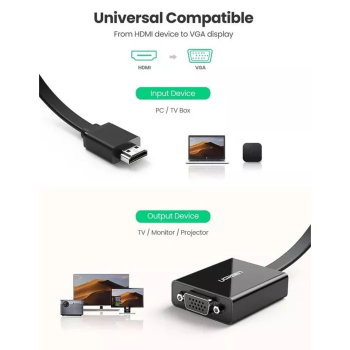 محول يوجرين HDMI إلى VGA، بطول 0.25 متر، باللون الأسود