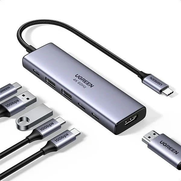 موزع يوجرين يو إس بي-C ومحول 6 في 1، HDMI، شحن PD بقدرة 100 واط، يو إس بي، قارئ بطاقات SD/TF