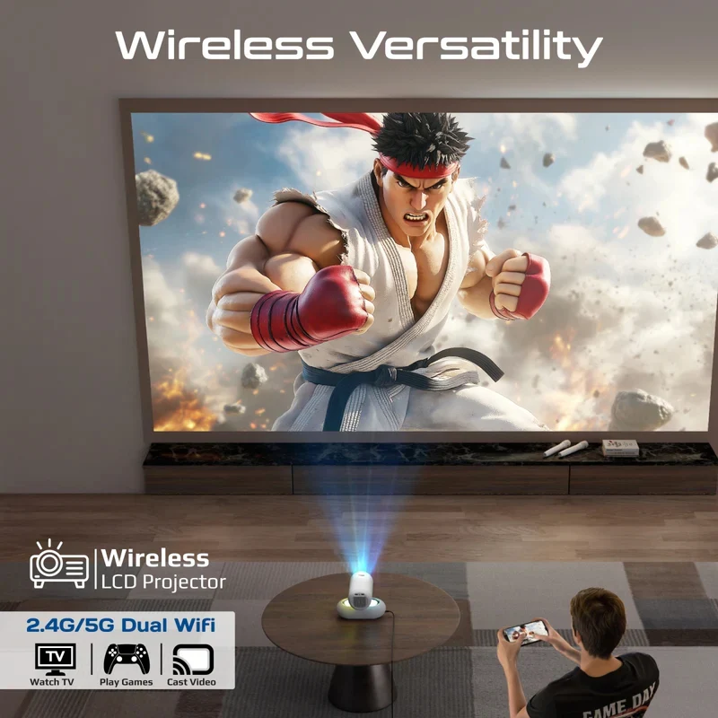 بروجكتور LCD لاسلكي بروميت بدقة HD ومتوافق مع 4K مع مكبر صوت مدمج وإضاءة محيطية RGB