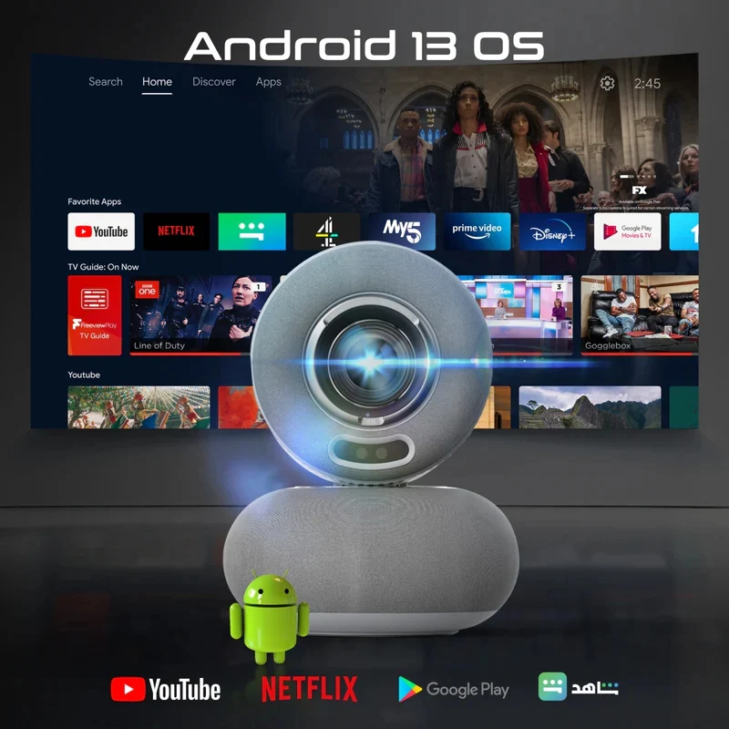 بروجكتور LCD لاسلكي بروميت بدقة HD ومتوافق مع 4K مع مكبر صوت مدمج وإضاءة محيطية RGB