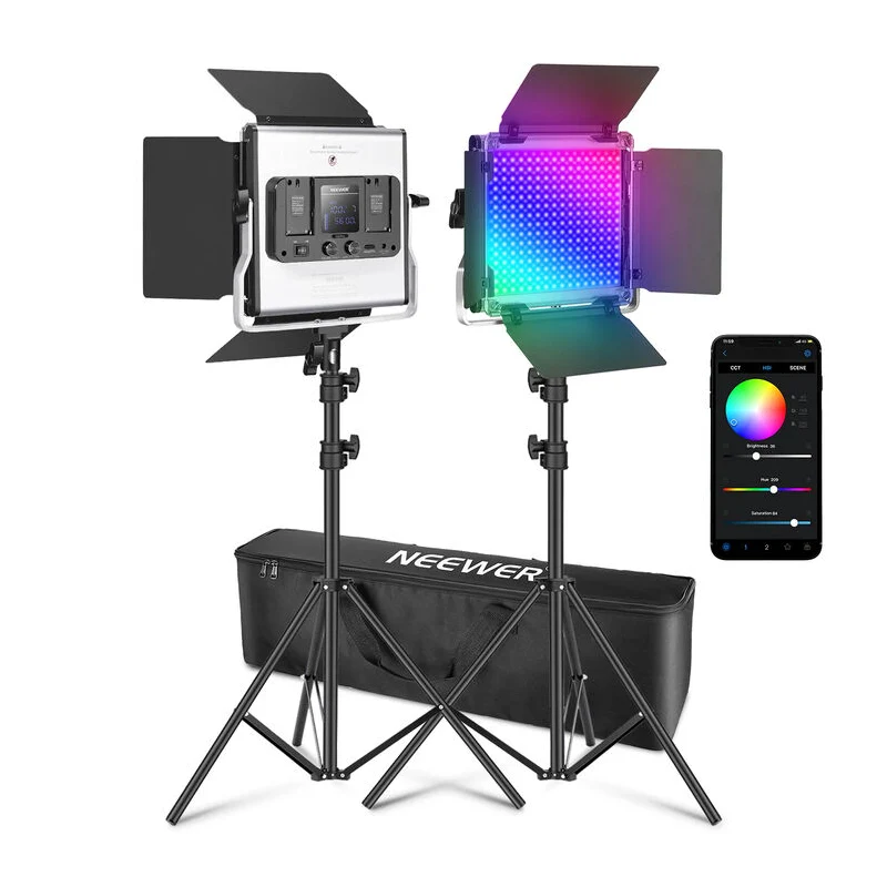 طقم إضاءة فيديو نيوير RGB660 برو II المطور بتقنية LED، عبوة من قطعتين