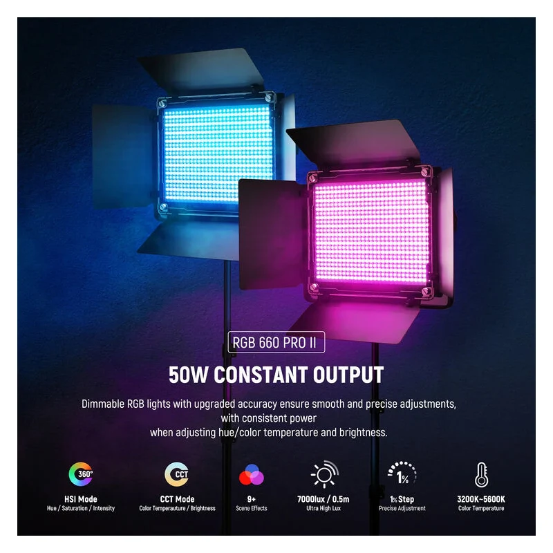 طقم إضاءة فيديو نيوير RGB660 برو II المطور بتقنية LED، عبوة من قطعتين