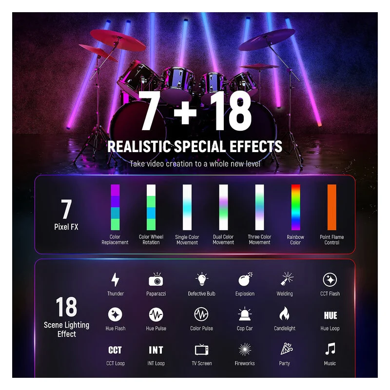 إضاءة نيوير TL120C أنبوبية آر جي بي بقدرة 42 واط مع تحكم عبر التطبيق/2.4G/DMX