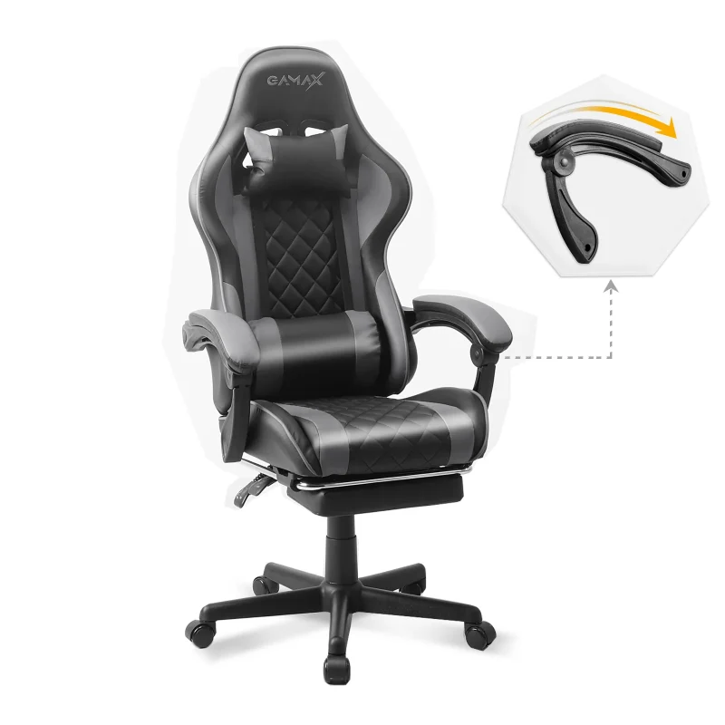 Gamax Gaming Chair 1-LT001L with Linkage Function Armrest And Retactable Footrest - Grey