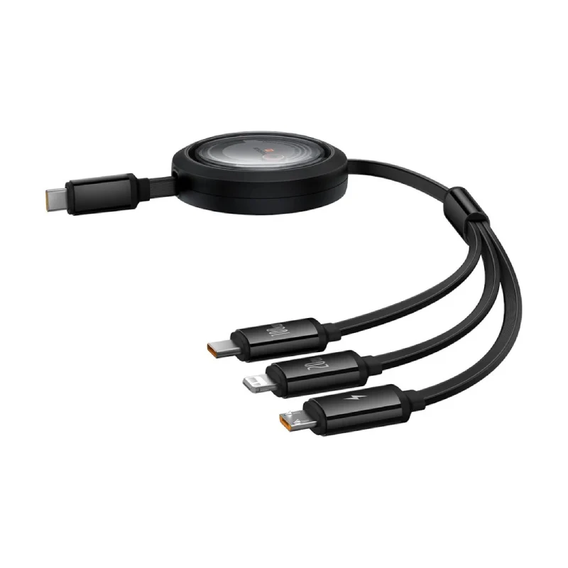 Baseus Free2Draw Retractable Crystal Cable - 1.1m / USB-A to M+L+C / 100W / Black