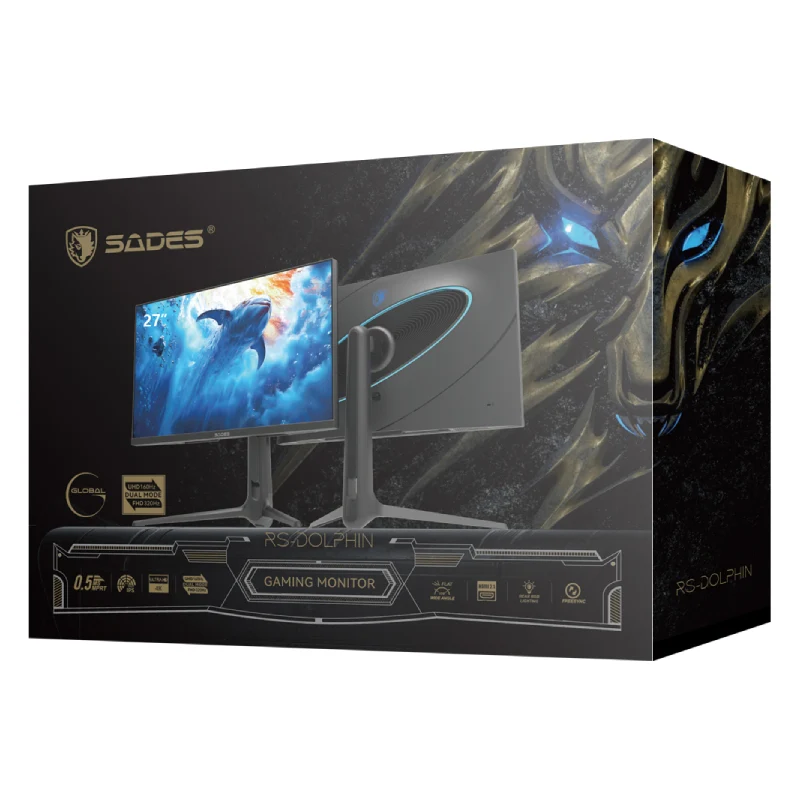 شاشة ألعاب ساديس RS-Dolphin - حجم 27 بوصة UHD / 0.5 مللي ثانية / HDMI 2.1 / DisplayPort 1.4 / USB-A / USB-C / أسود