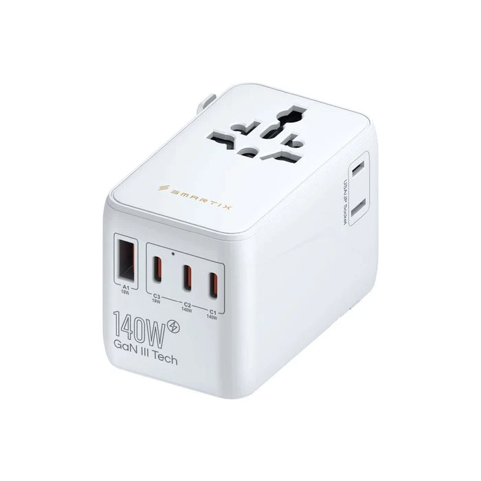 محول سفر دولي فاخر سمارتيكس، قدرة 140 واط، USB-A، USB-C، باللون الأبيض