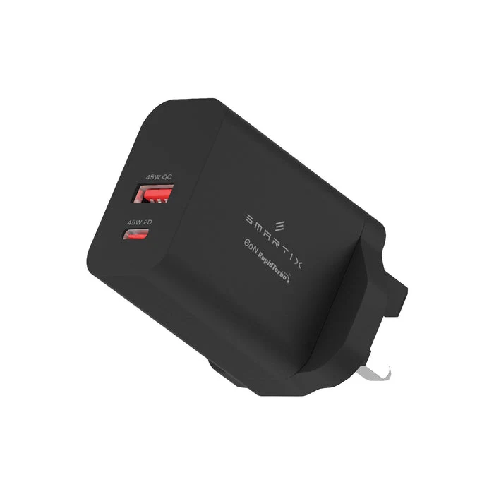 شاحن حائط سمارتكس بريميوم GaN - 45 واط / USB-A / USB-C / أسود