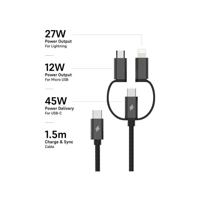 كابل سمارتكس بريميوم مجدول 3 في 1 - USB-C / لايتنينج / Micro USB / ‏11.5 متر / أسود