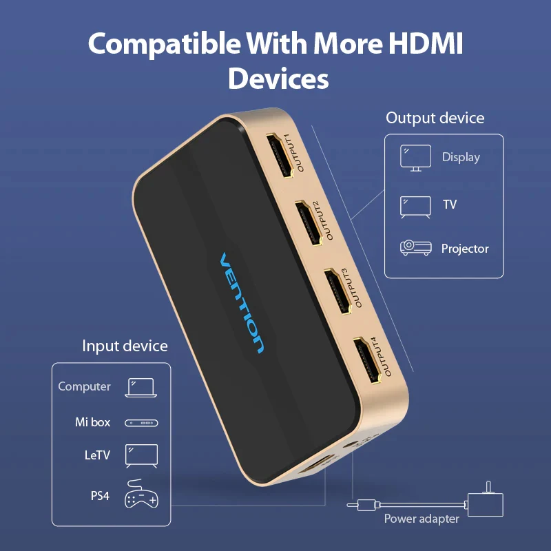 موزع HDMI فينشن بمدخل واحد و4 مخارج - 4K / أسود
