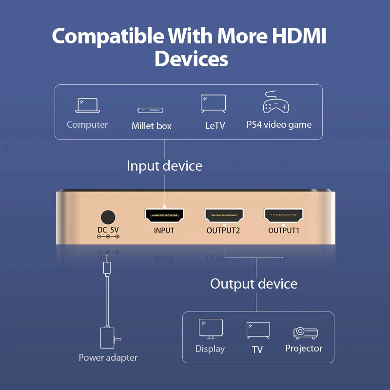 موزع فينشن HDMI بمدخل واحد ومخرجين، 4K، باللون الأسود