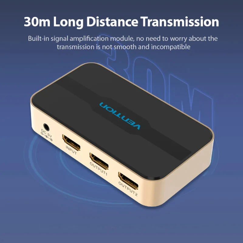موزع فينشن HDMI بمدخل واحد ومخرجين، 4K، باللون الأسود