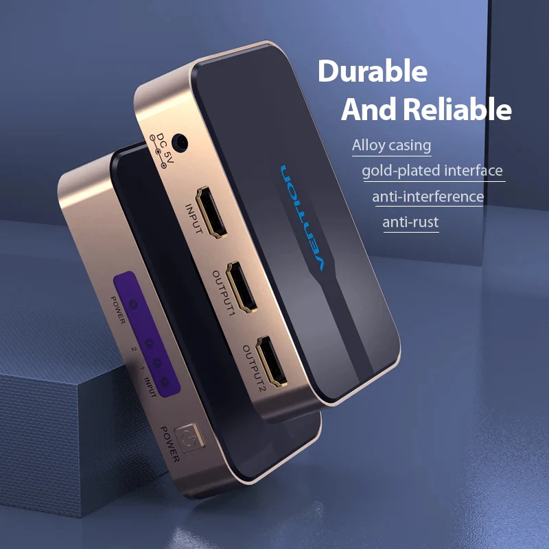 موزع فينشن HDMI بمدخل واحد ومخرجين، 4K، باللون الأسود