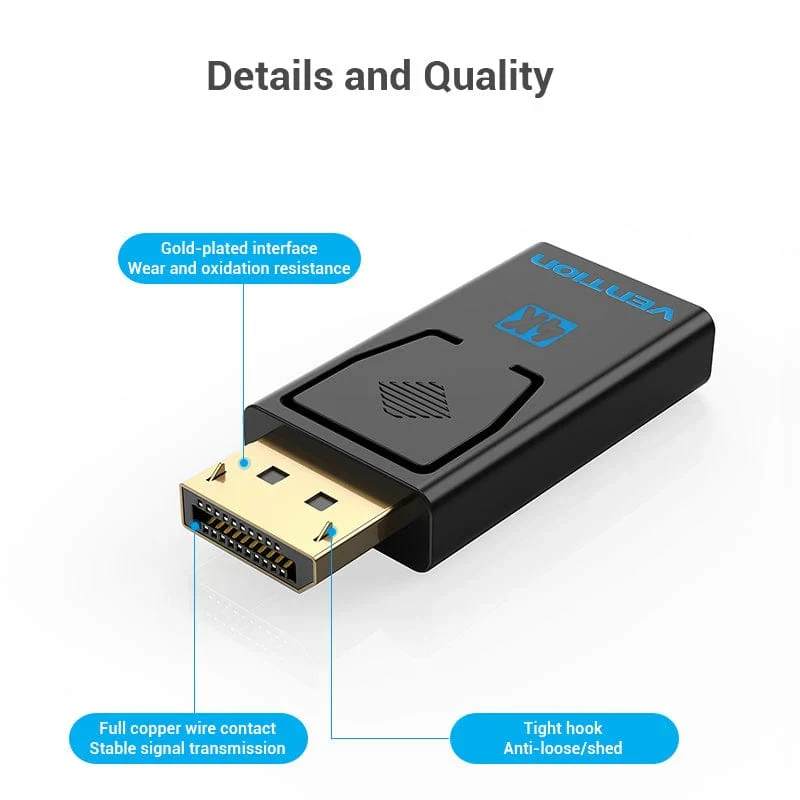 محول فينشن من ديسبلاي بورت ذكر إلى HDMI أنثى، بدقة 4K، باللون الأسود