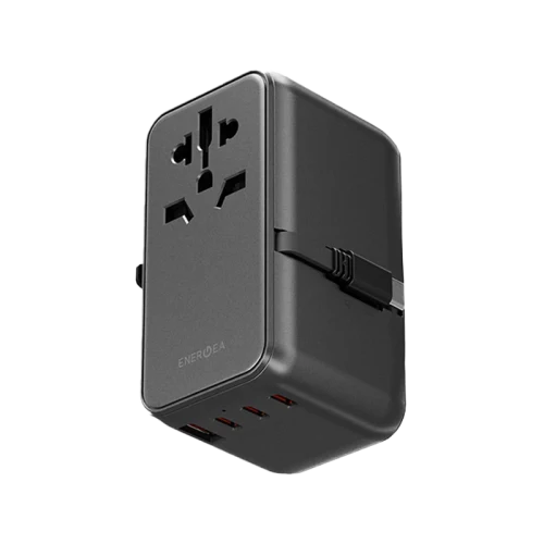 محول سفر أنيرجيا ترافل وورلد بثلاثة منافذ USB-C ومنفذ USB-A، مع كابل USB-C بطول 80 سم، بتقنية GaN، قدرة 85 واط، باللون الأسود جنميتال