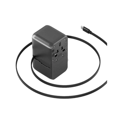 محول سفر أنيرجيا ترافل وورلد بثلاثة منافذ USB-C ومنفذ USB-A، مع كابل USB-C بطول 80 سم، بتقنية GaN، قدرة 85 واط، باللون الأسود جنميتال