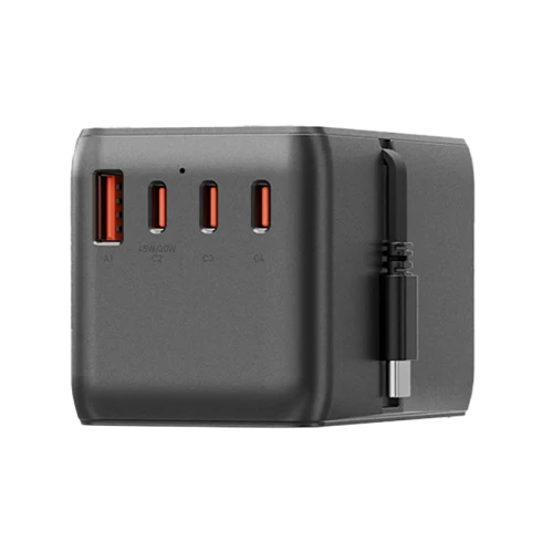 محول سفر أنيرجيا ترافل وورلد بثلاثة منافذ USB-C ومنفذ USB-A، مع كابل USB-C بطول 80 سم، بتقنية GaN، قدرة 85 واط، باللون الأسود جنميتال