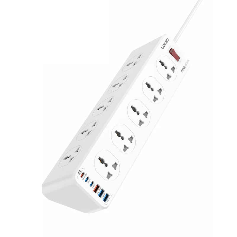 مقبس طاقة لدنيو SC10610C بعشرة مخارج، 10 اتجاهات، بقابس بريطاني، يو إس بي-C/يو إس بي-A، بطول 2 متر، باللون الأبيض