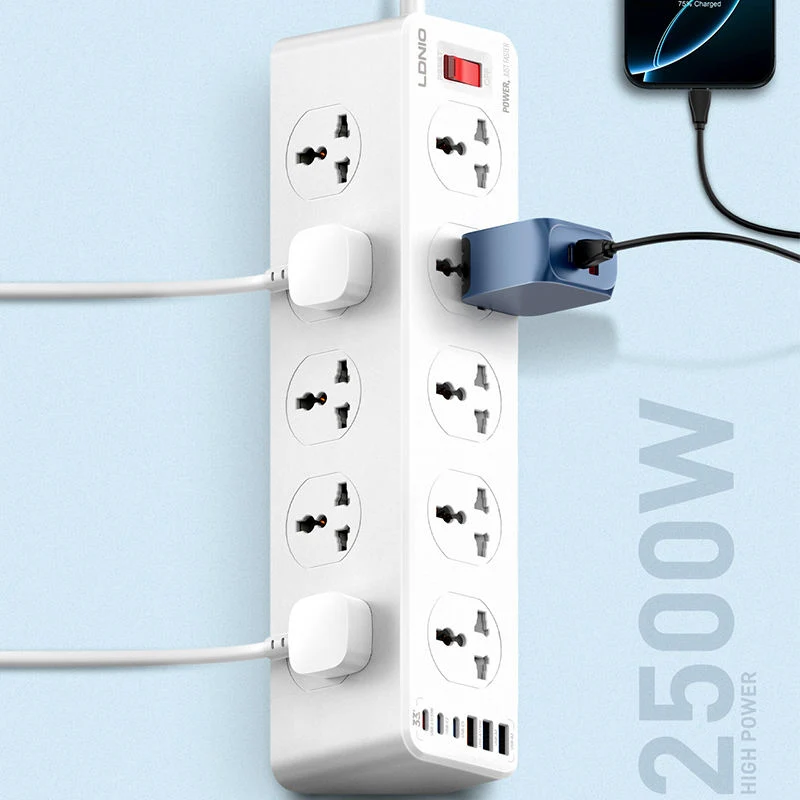 مقبس طاقة لدنيو SC10610C بعشرة مخارج، 10 اتجاهات، بقابس بريطاني، يو إس بي-C/يو إس بي-A، بطول 2 متر، باللون الأبيض