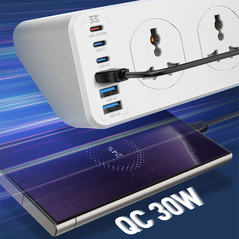 مقبس طاقة لدنيو SC10610C بعشرة مخارج، 10 اتجاهات، بقابس بريطاني، يو إس بي-C/يو إس بي-A، بطول 2 متر، باللون الأبيض
