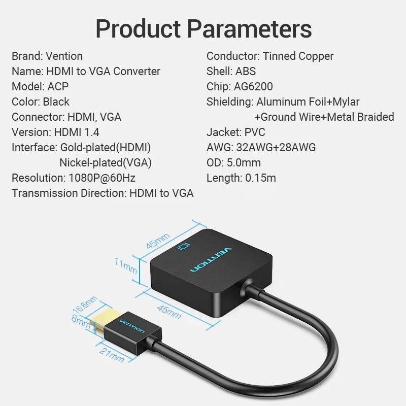 جهاز التقاط فيديو فينشن HDMI-A إلى VGA، بدقة 1080P، بطول 0.15 متر، باللون الأسود