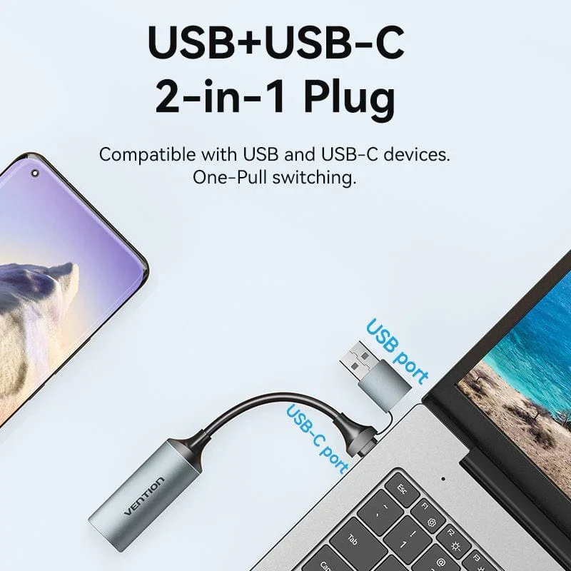 جهاز التقاط فيديو فينشن HDMI-A إلى يو إس بي-C/يو إس بي-A، بدقة 8K، بسرعة 480 ميجابت في الثانية، باللون الرمادي