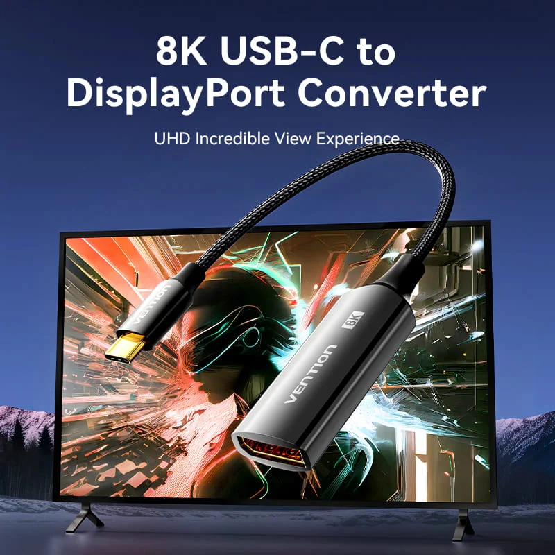 محول فينشن مضفر بالقطن يو إس بي سي إلى ديسبلاي بورت - 8K / بطول 0.25 متر / أسود