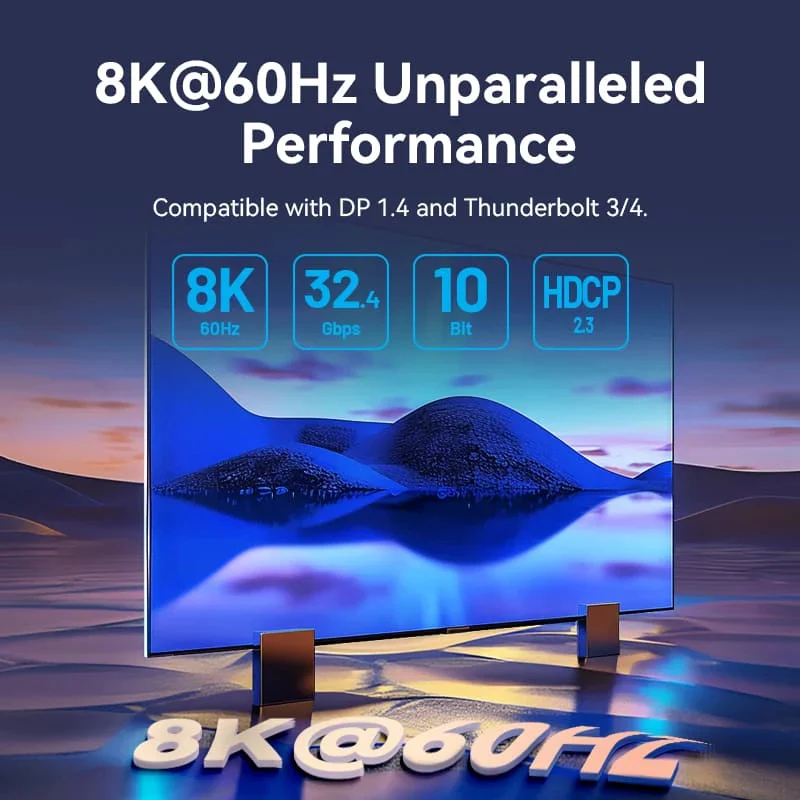 محول فينشن مضفر بالقطن يو إس بي سي إلى ديسبلاي بورت - 8K / بطول 0.25 متر / أسود