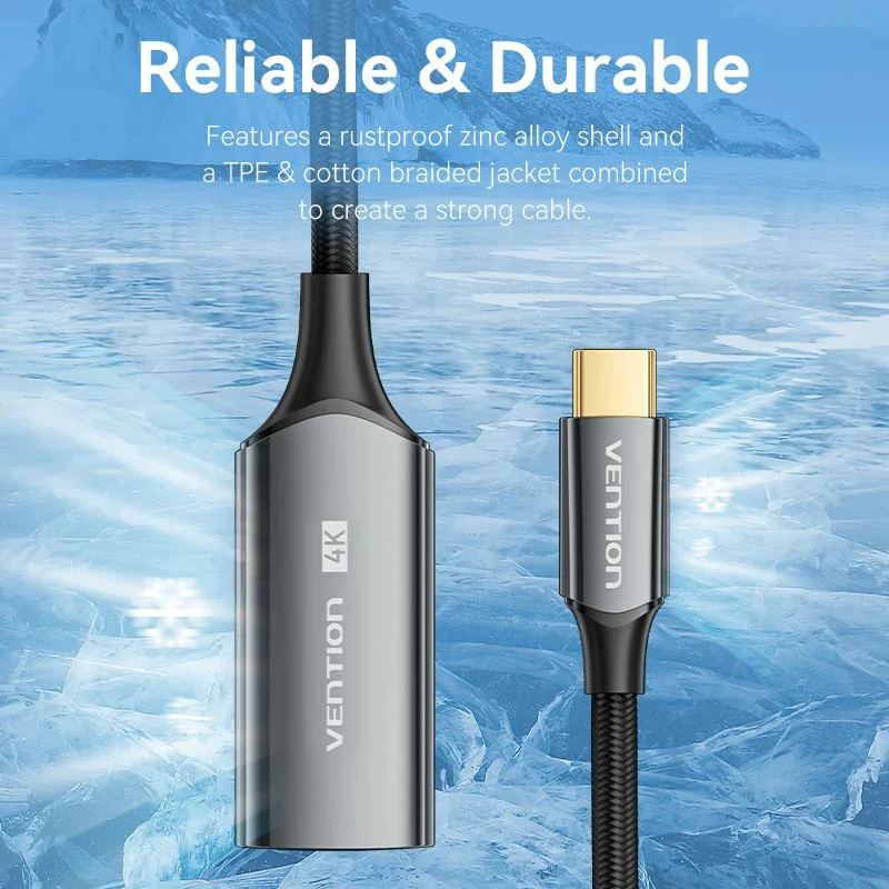 كابل فينشن مضفر من القطن يو إس بي-C إلى HDMI، محول 4K، بطول 0.25 متر / باللون الأسود