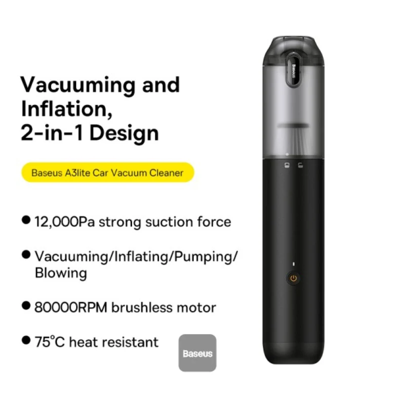 مكنسة سيارة بيسوس A3 لايت، 12000PA، USB-C، أسود