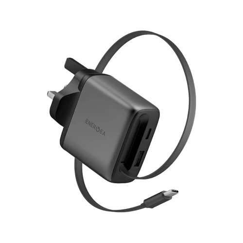 شاحن حائط إنرجيا أمب تشارج آرك 65 GaN بقدرة 65 واط مع منفذ USB-C واحد، ومنفذ USB-A واحد وكابل USB-C واحد قابل للسحب - رمادي معدني