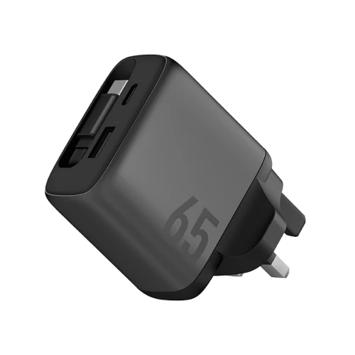 شاحن حائط إنرجيا أمب تشارج آرك 65 GaN بقدرة 65 واط مع منفذ USB-C واحد، ومنفذ USB-A واحد وكابل USB-C واحد قابل للسحب - رمادي معدني