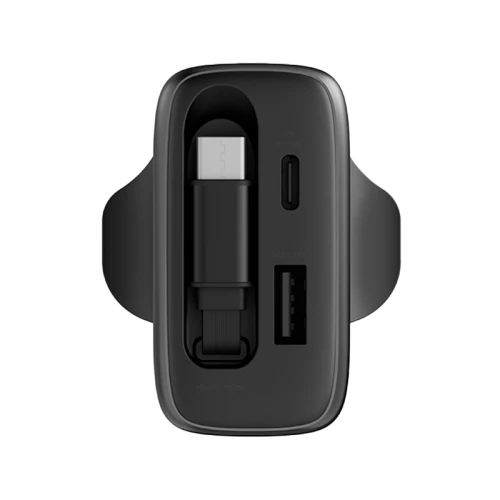 شاحن حائط إنرجيا أمب تشارج آرك 65 GaN بقدرة 65 واط مع منفذ USB-C واحد، ومنفذ USB-A واحد وكابل USB-C واحد قابل للسحب - رمادي معدني