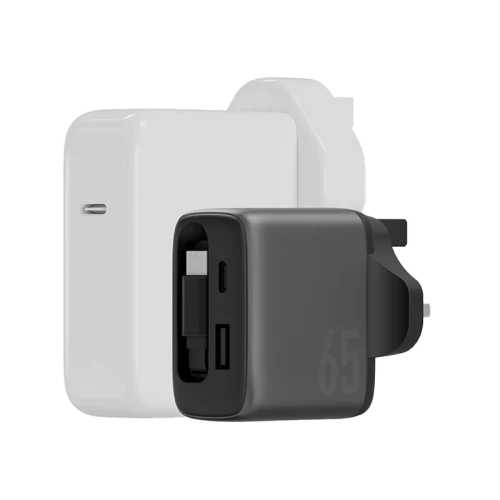 شاحن حائط إنرجيا أمب تشارج آرك 65 GaN بقدرة 65 واط مع منفذ USB-C واحد، ومنفذ USB-A واحد وكابل USB-C واحد قابل للسحب - رمادي معدني