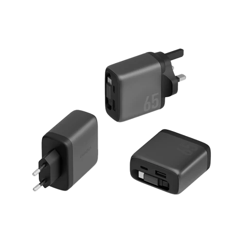 شاحن حائط إنرجيا أمب تشارج آرك 65 GaN بقدرة 65 واط مع منفذ USB-C واحد، ومنفذ USB-A واحد وكابل USB-C واحد قابل للسحب - رمادي معدني