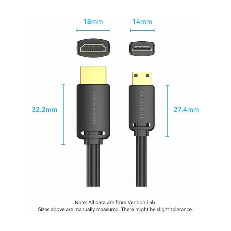 كابل فينشن من HDMI-C ذكر إلى HDMI-A ذكر، 4K، بطول 1.5 متر، باللون الأسود