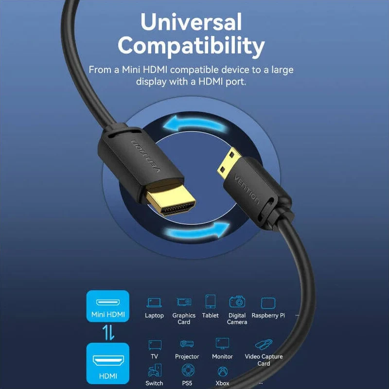 كابل فينشن من HDMI-C ذكر إلى HDMI-A ذكر، 4K، بطول 1.5 متر، باللون الأسود