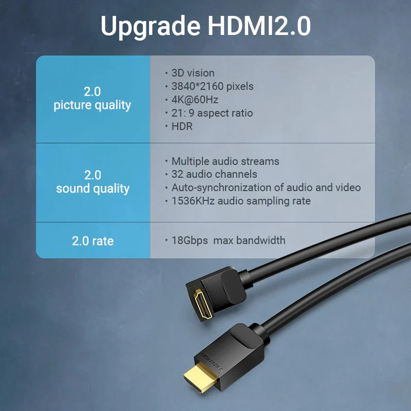 كابل فينشن HDMI بزاوية 270 درجة، 4K / بطول 2 متر / باللون الأسود