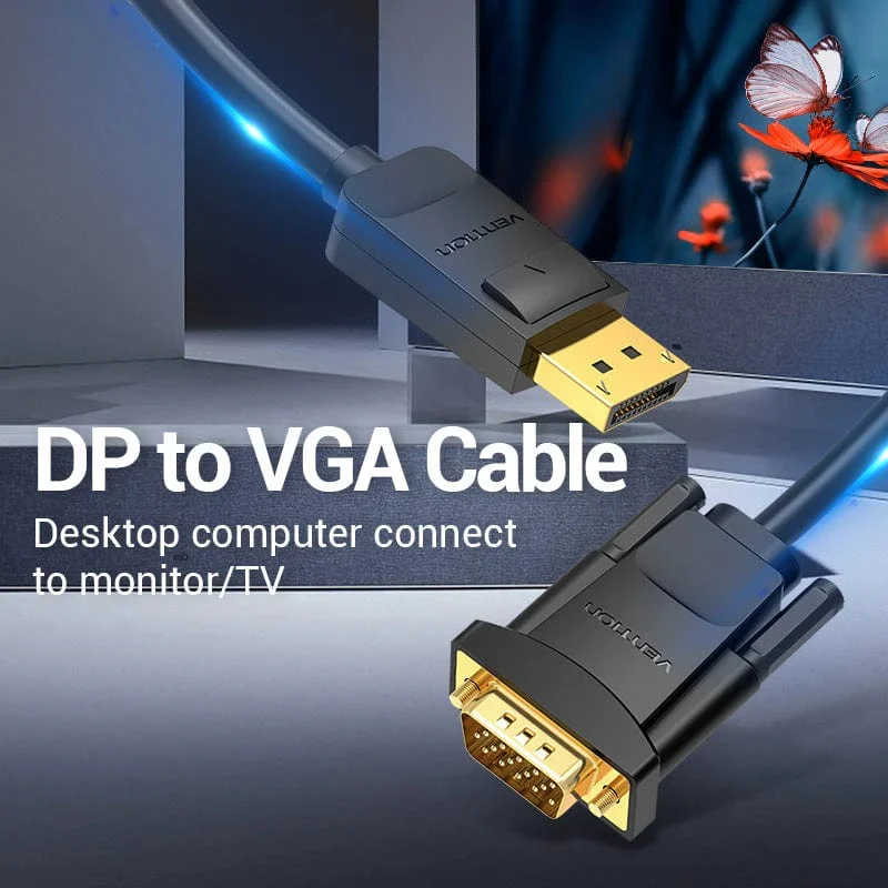 كابل فينشن ديسبلاي بورت إلى VGA، بدقة 1080P، طول 2 متر، باللون الأسود