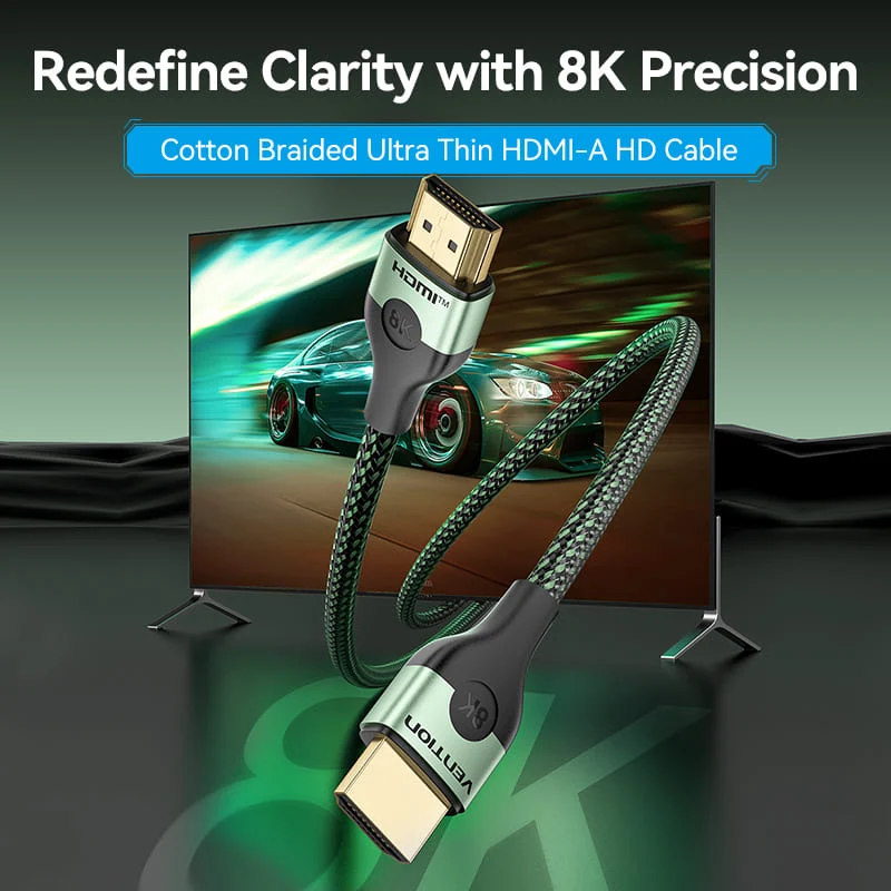 كابل فينشن HDMI-A ذكر إلى ذكر، HD، 8K، فائق النحافة ومضفر بالقطن، بطول 1 متر، من نوع سبائك الألومنيوم، باللون الأخضر