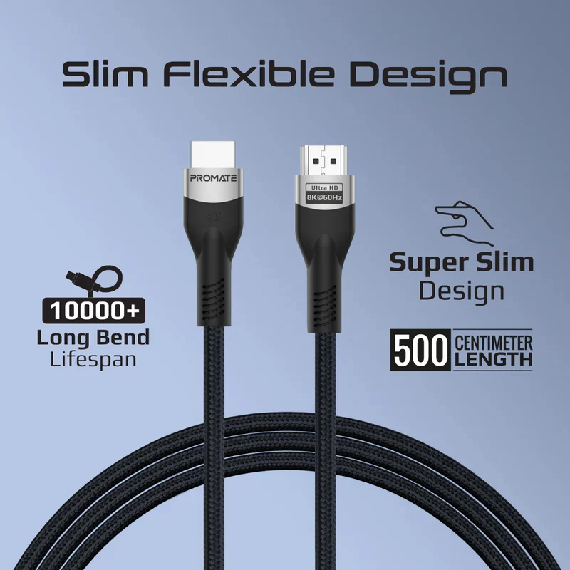 كابل HDMI بروميت معتمد فائق السرعة بدقة 8K بتردد 60 هرتز – طول 5 متر / رمادي