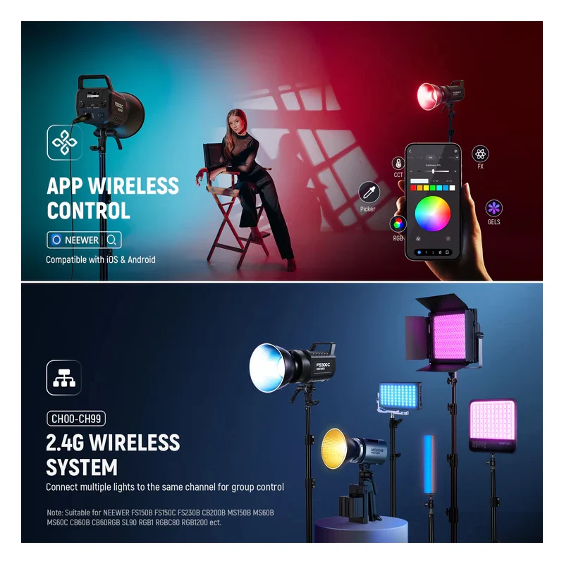 مصباح فيديو نيوور FS300C RGB، إل إي دي، قدرة 300 واط