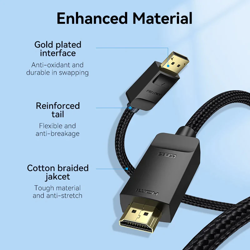 كابل HDMI فينشن مضفر بالقطن من ذكر إلى ذكر ديسبلاي بورت - 4K / 3 متر / أسود