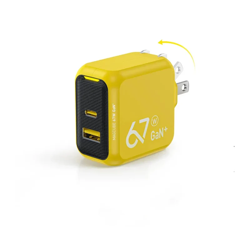 شاحن أوهي ماج كيوب GaN قابل للطي بمنفذين - 67 واط / USB-C / USB-A / أصفر